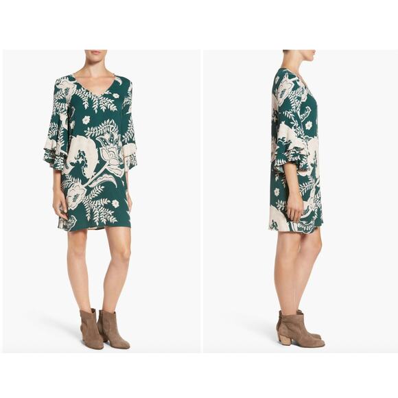 Ella Moss Tropical Green Bell Sleeve Shift Dress size S - Picture 1 of 8